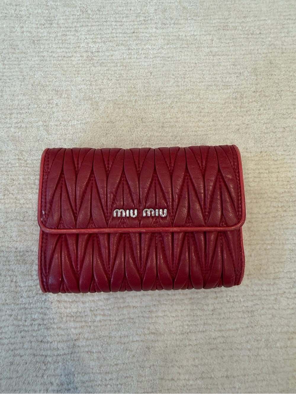 Miu Miu Burgundy Red Quilted Leather Wallet with Silver Logo